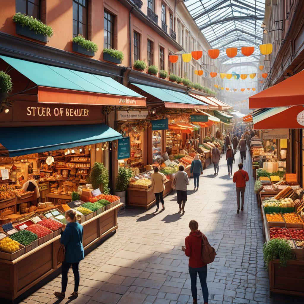 A vibrant marketplace scene showcasing diverse shoppers happily engaging with colorful promotional displays. Feature eye-catching banners highlighting discounts and deals, with smiling customers exploring various products. Include a digital screen displaying positive customer reviews and satisfaction ratings. Capture the hustle and bustle of a lively shopping environment, emphasizing joy and enthusiasm. super-realistic. vibrant colors. 3D.