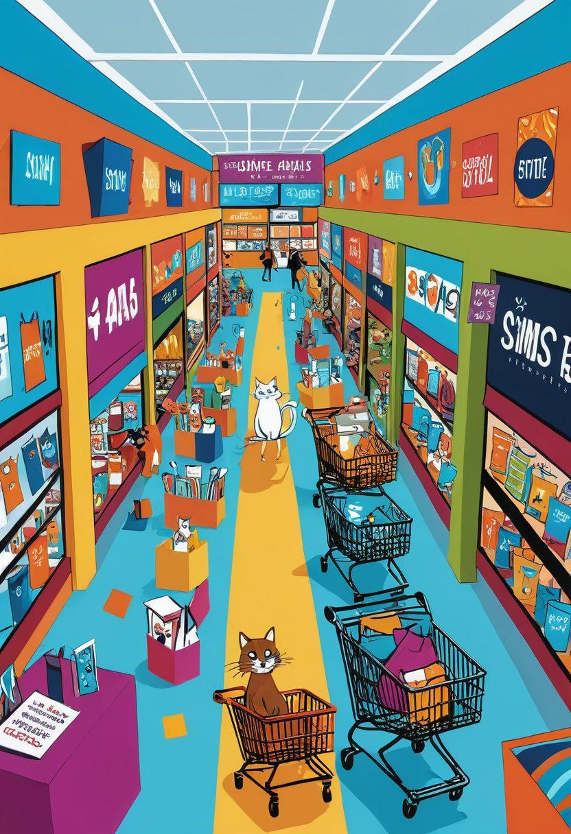 A whimsical online shopping scene featuring a diverse group of excited shoppers exploring a vibrant digital marketplace filled with colorful merchandise, discounts, and price tags. The shoppers are joyfully interacting with floating shopping carts and screens displaying great deals, while a playful cat weaves through their feet. Bright, inviting colors should dominate the scene, with graphic elements illustrating savings and bargains. digital art. vibrant colors. playful cartoon style.