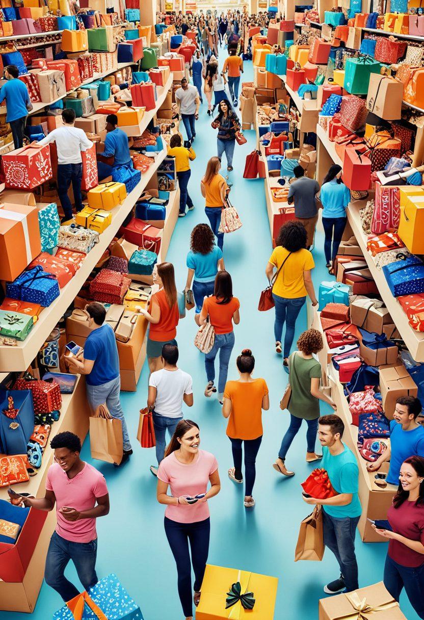 A vibrant, dynamic scene of a diverse group of happy shoppers engaging with their devices, surrounded by colorful packages and shopping icons. Include elements representing the Libaba Marketplace, such as logos or product images, while showcasing joy and excitement. The background should have cheerful colors and patterns to create an uplifting atmosphere. super-realistic. vibrant colors. upbeat style.